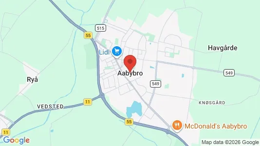 Butikslokaler til salg i Aabybro - kort over placeringen